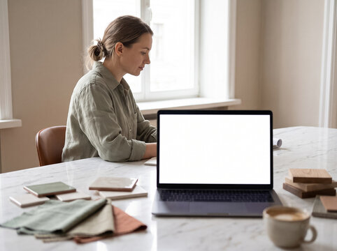 female interior designer sitting at desk with fabric and tile samples next to laptop with white mockup screen in bright room