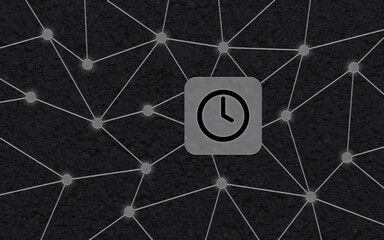 Ein graues Uhrensymbol eingebettet in ein digitales Netzwerk aus Linien und Knotenpunkten auf einer dunklen Texturoberfläche, Konzept für Technologie und Zeit. © sh99