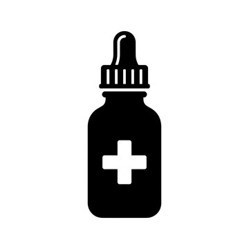 Medical dropper bottle icon featuring a bold black silhouette with a simple white medical cross