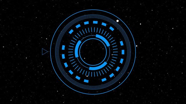 Futuristic blue HUD element animates across a starry cosmic space. Dynamic telemetry target rings power this blue HUD element. High tech user interface guides the blue HUD element.