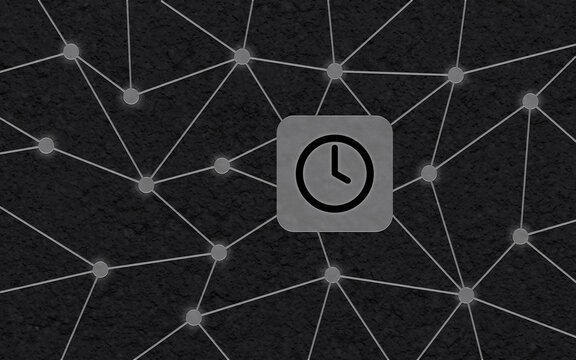 Ein graues Uhrensymbol eingebettet in ein digitales Netzwerk aus Linien und Knotenpunkten auf einer dunklen Texturoberfl&auml;che, Konzept f&uuml;r Technologie und Zeit.