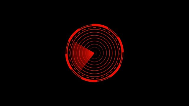 Red radar scanner sweeps continuously across dark surveillance grid. Concentric target circles guide this red radar scanner. High tech detection runs on the active radar scanner.