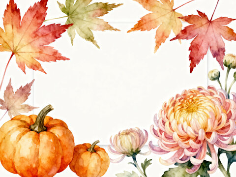 Bright botanica autumn watercolor frame surrounded by wildflowers