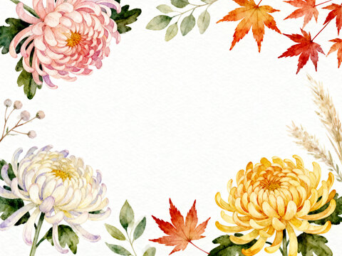 Bright botanica autumn watercolor frame surrounded by wildflowers