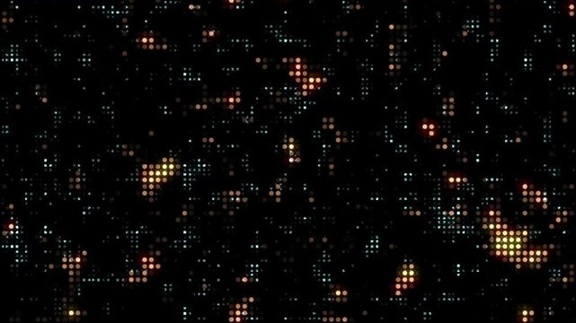 Scattered glowing dots pattern shimmers in orange and teal colors. Ambient dark space surrounds this scattered glowing dots pattern. Gentle floating motion animates the glowing dots pattern.