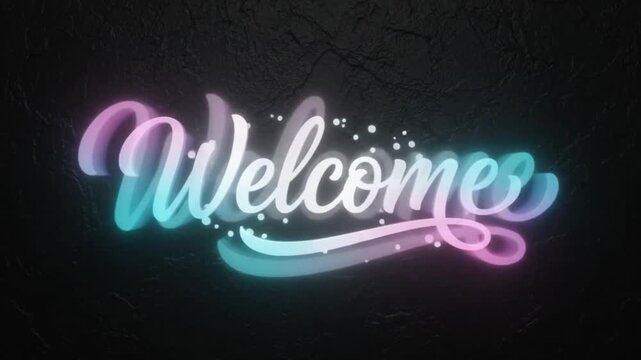 Animation Welcome sign with glowing neon letters and sparkling light effects on a dark textured background for professional presentations Video.