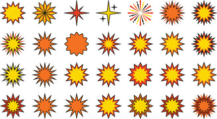 Retro starburst vector icon set featuring yellow and orange explosion bursts sparkles and comic sticker shapes © MD