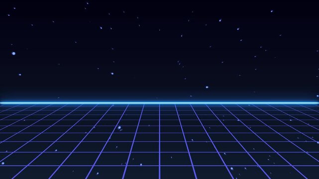 Retro futuristic neon grid landscape extends under a starry sky. Vibrant synthwave vibes power this neon grid landscape. Cyber 80s motion fills the neon grid landscape.