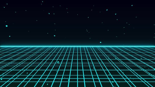 Cyan neon grid horizon extends across dark outer space territory. Glowing particles drift over the neon grid horizon. Cyber motion animates this sleek neon grid horizon.