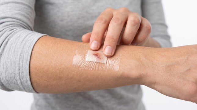 A person applies a transparent adhesive bandage on a small wound on their forearm.