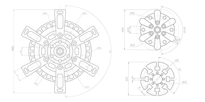 Technical drawing of gears .Rotating mechanism of round parts .Machine technology. Vector illustration .