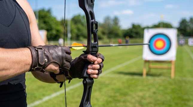 An archer wearing gloves aims a bow and arrow at a target in an outdoor archery range on a sunny day.
