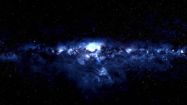 Vibrant blue nebula galaxy shines brightly with cosmic starfield. Deep celestial space orbits around the nebula galaxy. Glowing starlight illuminates this blue nebula galaxy.