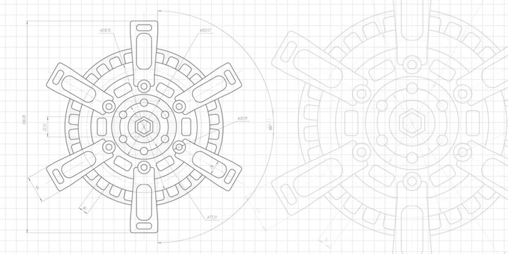 Technical drawing of gears .Rotating mechanism of round parts .Machine technology. Vector illustration .