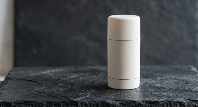 Plain white cosmetic deodorant stick container mockup standing on dark slate stone surface for natural body care product design marketing horizontal
