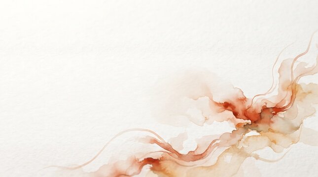 Abstract watercolor ink wash background with terracotta liquid flow on textured paper