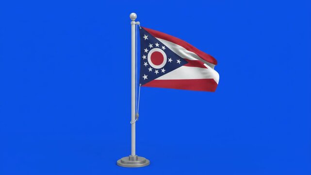 Waving Ohio State Flag on a Pole Against a Blue Background, Representing American Patriotism and State Identity.