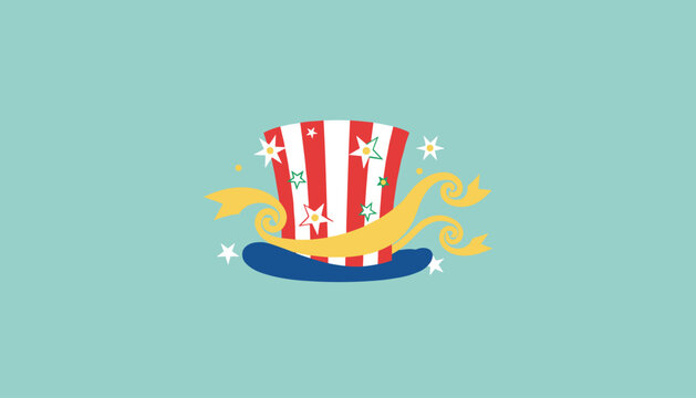 Patriotic Uncle Sam top hat with stars and festive ribbons on a soft blue background for Independence Day celebrations and graphic designs.