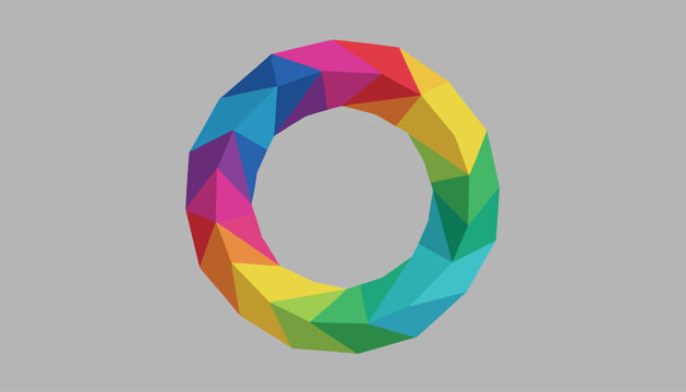 Abstract circular ring formed by colorful low-poly triangles against a grey background representing modern tech or digital design aesthetics.