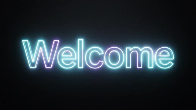 Animation Welcome text glowing with blue and purple neon light effect against a dark background in a simple motion graphic loop with typography Video.