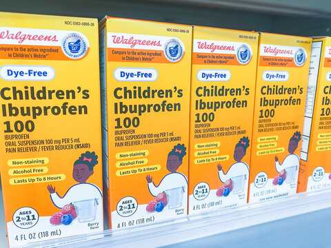 Walgreens dye free children's ibuprofen 100 oral suspension bottles on shelf. - Auburn WA USA - August,21 2026