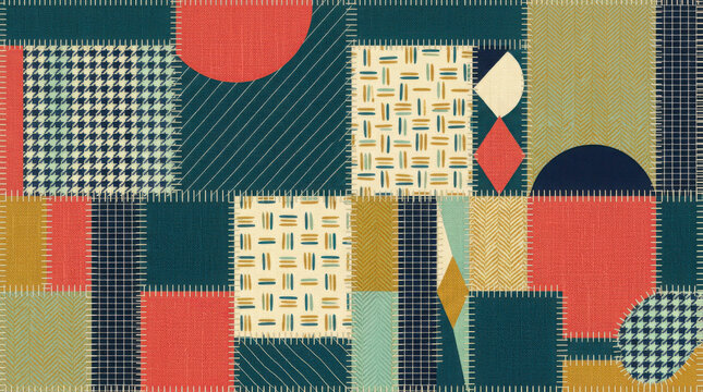 Geometric patchwork fabric pattern with abstract shapes, houndstooth, stripes generated using ai