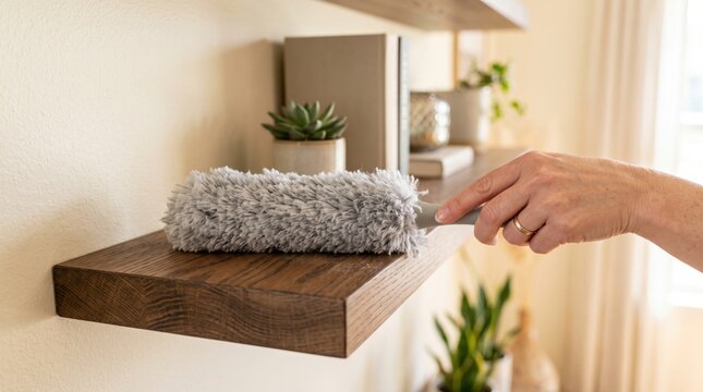 A hand dusts a wooden floating shelf with a soft, gray duster in a bright, minimalistic room featuring plants and decor.