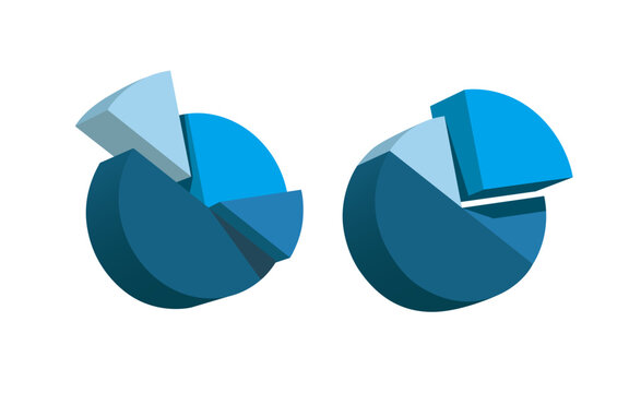 3D blue toned pie chart shown from two perspectives divided into segments of 50%, 25%, and 12.5%, designed for finance and investment-related graphics, vector illustration isolated on white background