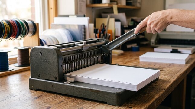 Manual paper binding machine operated by hand in workshop.