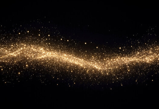 Sparkling golden galaxy with stars and cosmic dust in deep space background