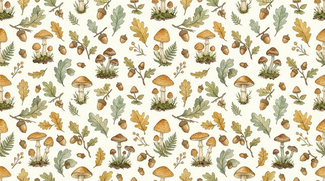 Autumn forest mushroom pattern with oak leaves and acorns. Botanical woodland seamless wallpaper