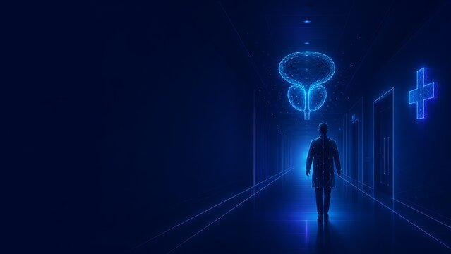 Person walking down a futuristic hospital hallway past glowing organ holograms. prostate cancer with corridor hospital healthcare silhouette wireframe hologram. prostate cancer
