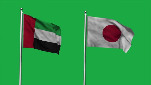 United Arab Emirates  and Japan Waving Flags, 3D Illustration