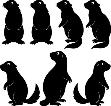 A collection of seven black silhouette of ground squirrels or gophers in various poses on a white background