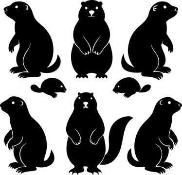 A collection of nine black silhouette of gophers or ground squirrels in various poses on a white background