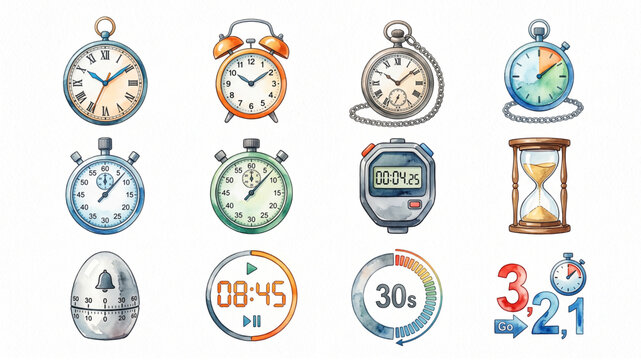 Timer, clock, stopwatch icons set. Countdown timer symbol icon set. 