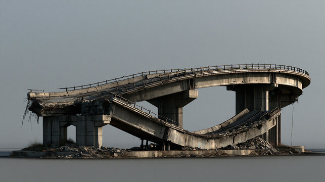 Ruined concrete bridge destroyed in the middle of the sea