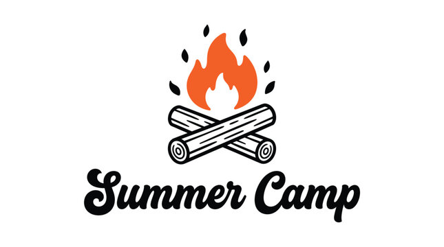 Stylized bonfire illustration featuring bright orange flames and wooden logs for a vibrant summer camp emblem