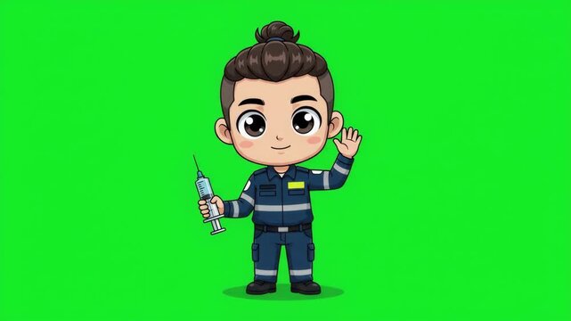 Cute cartoon paramedic character holding a syringe, ready to give an injection, on a green screen background.