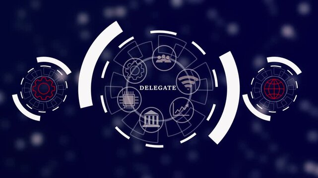 Futuristic Global Concept of Delegation with Diverse Icons and Earth Background Showcasing Team Collaboration and Communication in a Digital Environment 