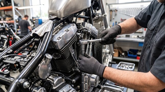 A mechanic wearing gloves is using a wrench to repair a motorcycle engine in a well-equipped workshop.