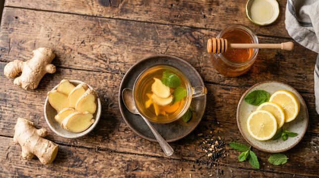 Top-down view of a glass cup of hot ginger tea with mint leaves, lemon slices, honey jar, and whole ginger roots on a rustic wooden table.