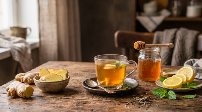 Clear glass mug of warm ginger tea surrounded by sliced ginger, fresh lemons, mint, and a honey jar on a rustic wooden table.