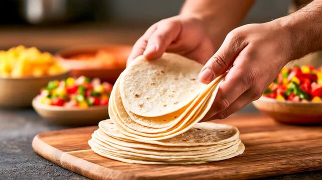 Hands Spreading Fresh Tortillas in Layered Fan Display