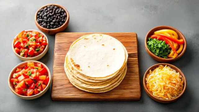 Overhead View of Stacked Tortillas With Ingredient Bowls