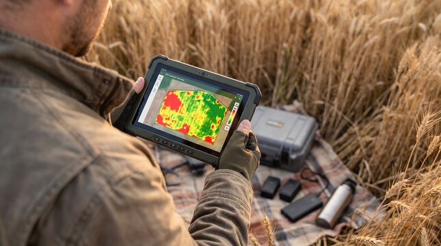 Agricultural worker using tablet for field analysis with heat map
