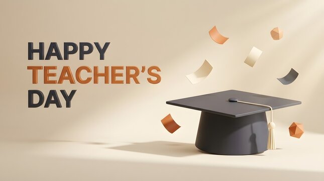 Happy teachers day greeting card with a graduation cap on beige background
