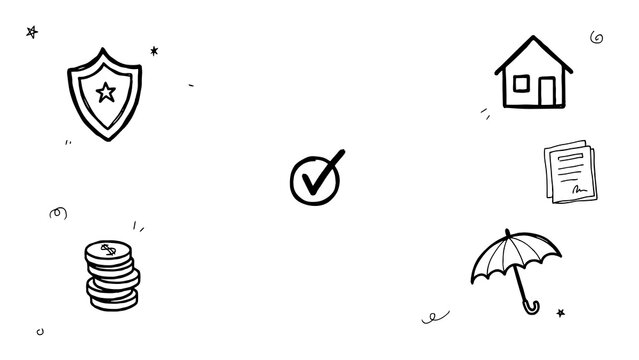 Insurance concept doodle set. Shield, coins, house, umbrella, and checkmark hand-drawn sketches. Financial security and coverage vector collection for presentations.