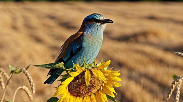 Blue bird perched on sunflower gentle breeze rustles wheat field background