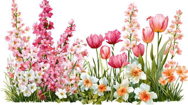 Watercolor spring flower border with pink tulips and white daffodils isolated on transparent background